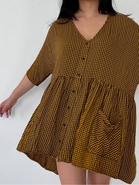 Zara Woman Yellow and Black Gingham Button-Front Dress